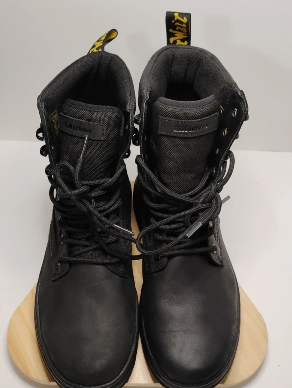 Dr. Martens Men's Black Lace-Up Leather Combat Boots with Yellow Heel Loop